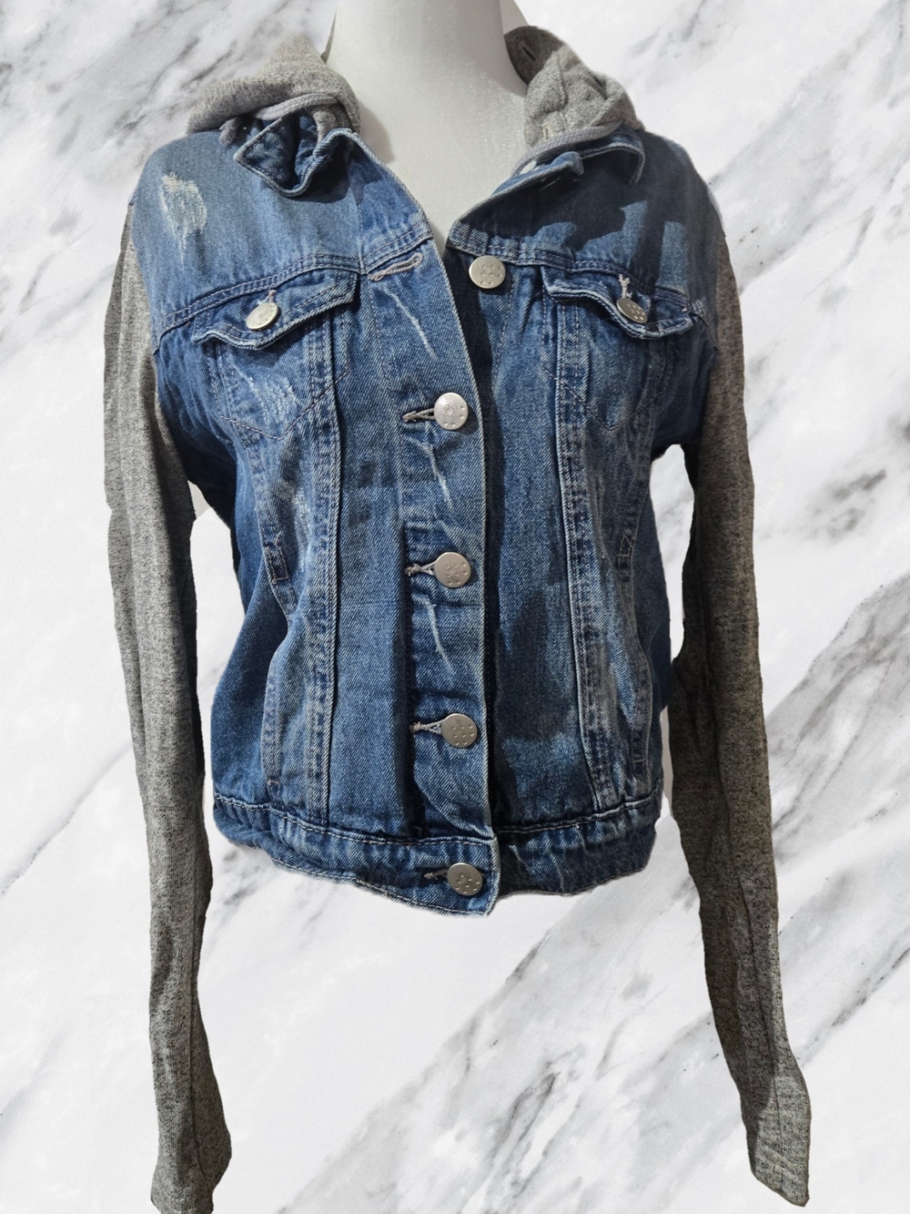 SWS Distressed Blue Denim Jacket with Gray Knit Hood & Sleeves